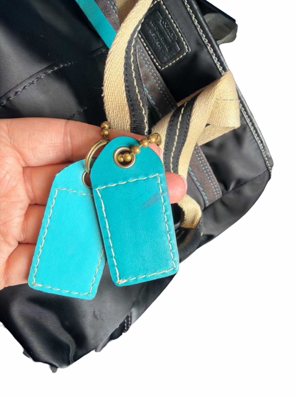 Coach Hampton Black Nylon Tote with Cream Handles and Turquoise Hang Tags - Picture 5 of 14